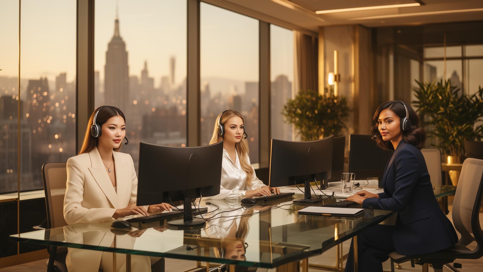 Diverse team of customer support agents working in a posh modern US call center with a city skyline view